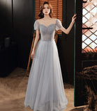 Cute tulle beads long A line prom dress evening dress HZ1023