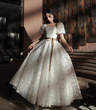 Sweet A line sequins long prom dress white evening dress HZ1023