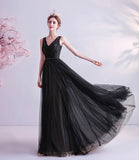 Black v neck tulle beads prom dress evening dress HZ1023