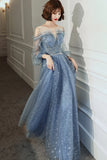 Blue tulle long A line prom dress blue evening dress HZ1023