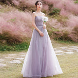 Purple tulle beads long prom dress A ine evening gown HZ1023