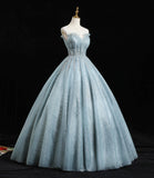 Blue tulle sequins long prom dress A line formal dress HZ1023