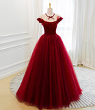 Burgundy velvet tulle long prom dress A line evening gown HZ1023