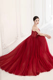 Burgundy tulle beads long prom dress evening dress HZ1023