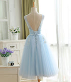 Blue tulle lace short prom dress A line homecoming dress HZ1023