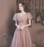 Pink tulle sequins long prom dress A line evening gown HZ1023
