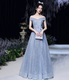 Blue tulle sequins long prom dress blue evening dress HZ1023