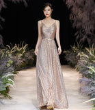 Champagne sequins long A line prom dress evening dress HZ1023