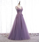 Purple v neck long A line prom dress lace evening dress HZ1023