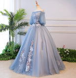Blue tulle lace long ball gown dress formal dress HZ1023