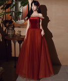 Burgundy velvet tulle long prom dress evening dress HZ1023