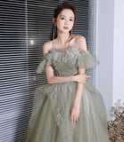 Green tulle sequins long prom dress A line evening dress HZ1023