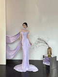 Romantic Purple Elegant Fashionable Elegant Long Satin Mermaid Slim Floor Length Train Ball Gown Evening Dress Prom Dress HZ1023