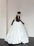 Black and white fashionable and elegant V-neck long satin A-line floor-length ball gown evening dress prom dress HZ1023