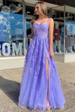 Lavender Tulle Sequin Scoop Neck A-Line Long Dress with Slit HZ1023