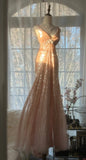 Pink Gorgeous Shiny Exquisite Beaded Spaghetti Strap V-Neck Long Sequin Chiffon Ball Gown Evening Gown Party Dress HZ1023