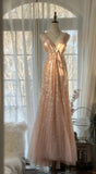 Pink Gorgeous Shiny Exquisite Beaded Spaghetti Strap V-Neck Long Sequin Chiffon Ball Gown Evening Gown Party Dress HZ1023