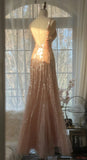 Pink Gorgeous Shiny Exquisite Beaded Spaghetti Strap V-Neck Long Sequin Chiffon Ball Gown Evening Gown Party Dress HZ1023
