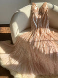 Pink Gorgeous Shiny Exquisite Beaded Spaghetti Strap V-Neck Long Sequin Chiffon Ball Gown Evening Gown Party Dress HZ1023
