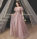 Pink tulle sequins long prom dress A line evening gown HZ1023