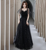 Black tulle long A line prom dress evening dress HZ1023