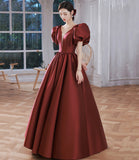 Burgundy v neck satin long prom gown A line formal gown HZ1023