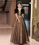 Black tulle sequins long prom dress A line evening dress HZ1023