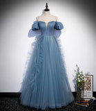 Blue satin tulle long prom dress blue evening dress HZ1023