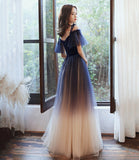 Blue velvet tulle long prom dress A line evening dress HZ1023