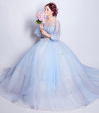 Blue tulle sequins long ball gown dress blue evening dress HZ1023