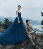 Blue tulle long prom dress A line evening gown HZ1023