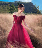 Red tulle beads long prom dress A line evening dress HZ1023