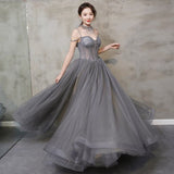 Gray tulle beads long prom gown A line evening gown HZ1023