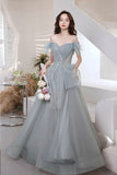 Gray tulle sequins long prom dress A line evening dress HZ1023