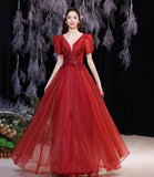 Red v neck tulle long A line prom dress evening dress HZ1023