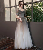 Cute tulle beads long A line prom dress evening gown HZ1023