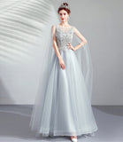Gray tulle lace long prom dress A line evening dress HZ1023