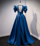 Blue satin long prom dress A line evening gown HZ1023