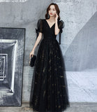 Black v neck tulle long prom dress A line evening dress HZ1023