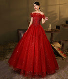 Red tulle sequins long ball gown dress A line evening dress HZ1023