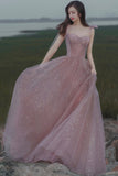 Pink A line prom dress pink tulle evening dress HZ1023