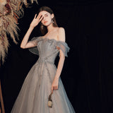 Shiny tulle long prom dress A line evening dress HZ1023
