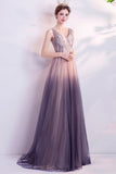 Purple gradient tulle long A line prom dress evening dress HZ1023