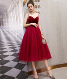 Burgundy velvet tulle short prom dress party dress HZ1023