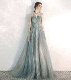 Stylish tulle lace long prom dress green evening dress HZ1023