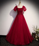 Burgundy tulle beads long ball gown dress formal dress HZ1023