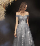 Grey long A line prom dress off shoulder evening dress HZ1023