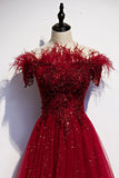 Burgundy tulle sequins long A line prom dress evening dress HZ1023