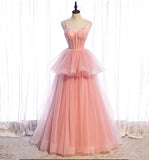 Pink tulle long prom dress A line evening gown HZ1023