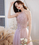Pink tulle beads long prom dress A line evening gown HZ1023